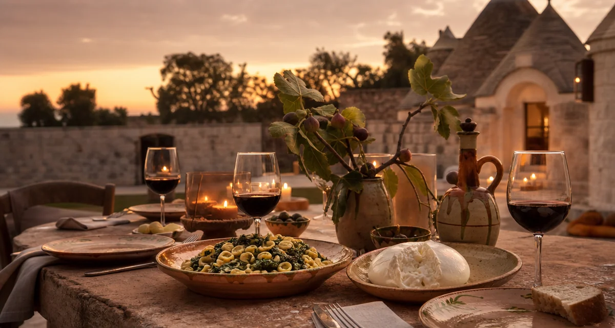 Trullo courtyard table at dusk with orecchiette, burrata and Primitivo wine — Puglia private chef dinner