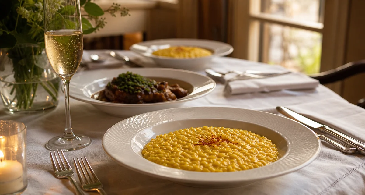 Tavola elegante a Milano con risotto alla milanese, ossobuco e calice di Franciacorta per cena chef a domicilio