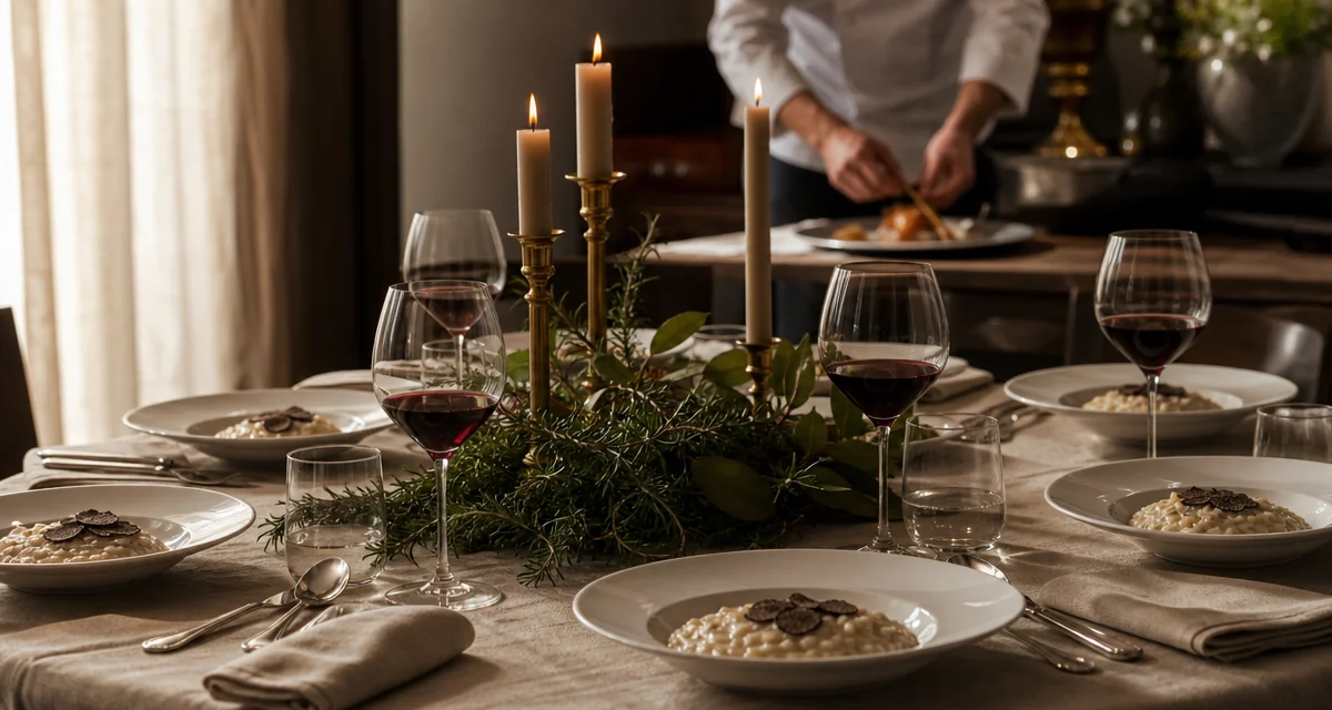 Tavola elegante per cena privata con personal chef a domicilio, risotto al tartufo e calici di Barolo