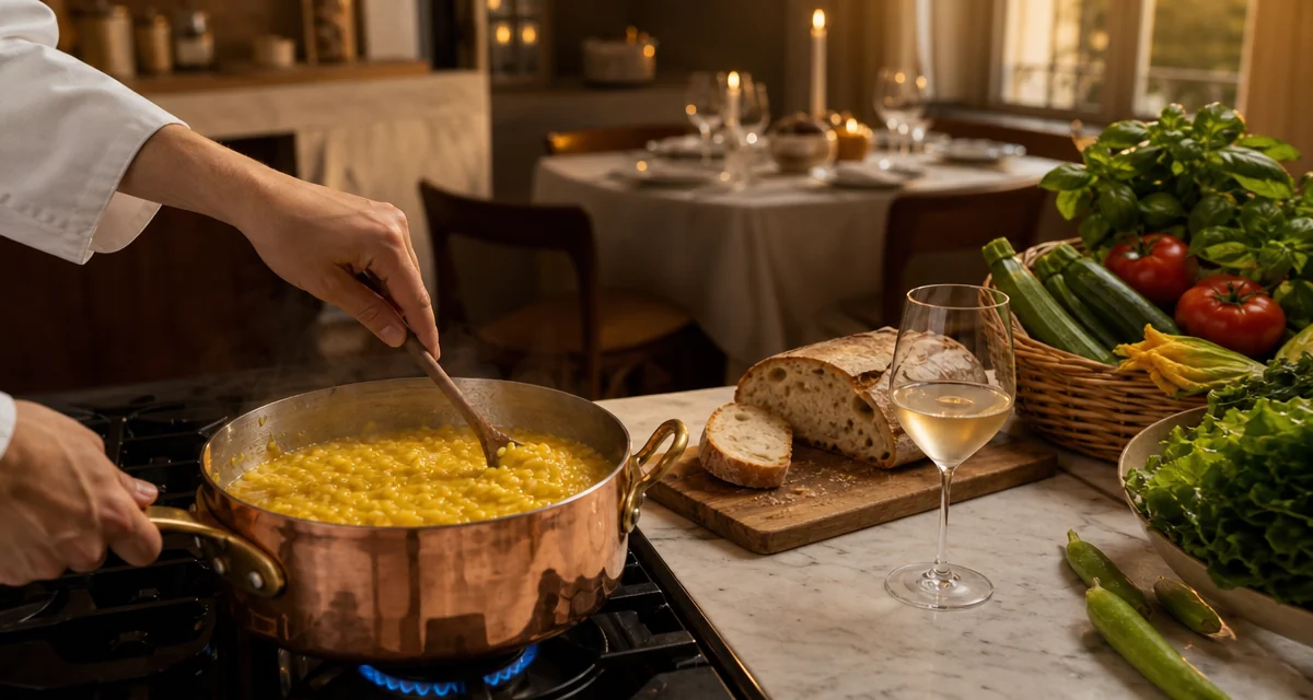 Chef privato prepara risotto in cucina domestica milanese con verdure di mercato e Franciacorta