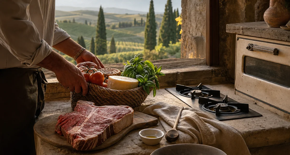 Chef arranging fresh market ingredients on a rustic Tuscan farmhouse kitchen counter at golden hour