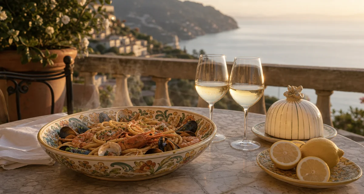 Ravello villa terrace dinner at sunset with scialatielli ai frutti di mare and Amalfi Coast sea view