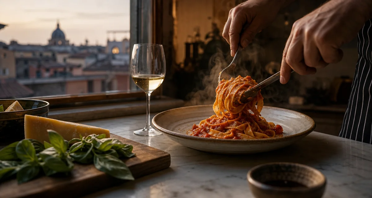 Chef plating fresh pasta in a Rome apartment kitchen at dusk, rooftop view near Piazza Navona