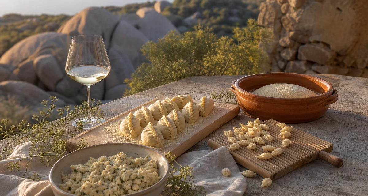 Handmade culurgiones and malloreddus on a stone villa table with Vermentino, Sardinia cooking class