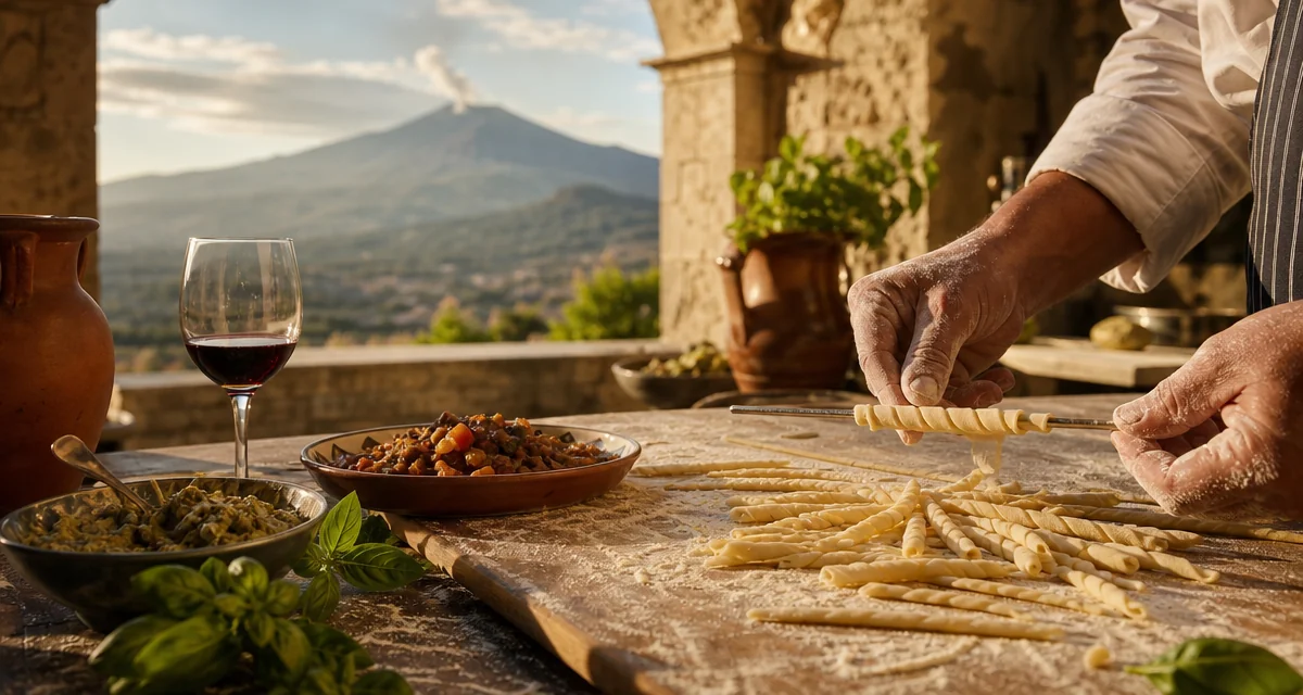 Hands rolling fresh busiate pasta on a flour-dusted board at a Sicily villa terrace, golden hour