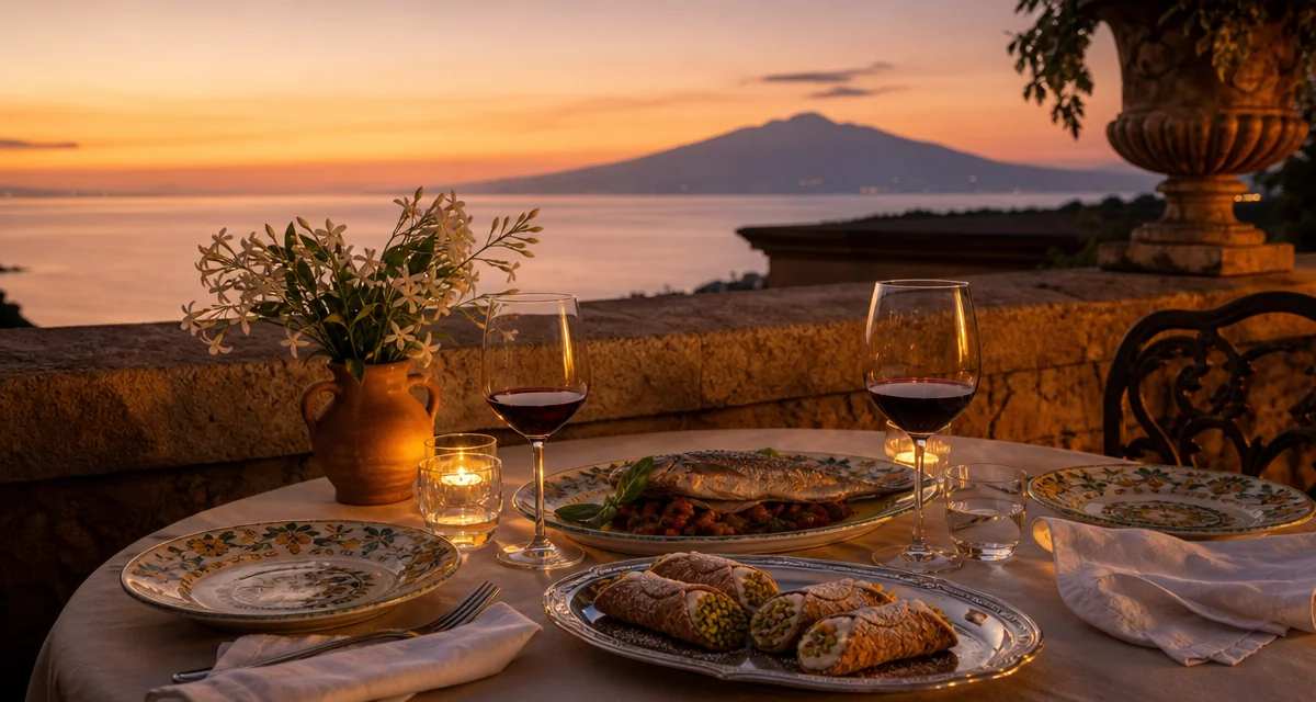 Romantic candlelit terrace dinner for two in a Sicily honeymoon villa, Etna Rosso and Sicilian sea bass