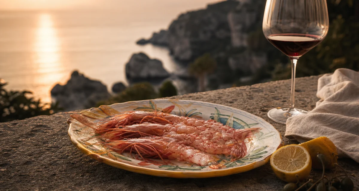 Taormina villa terrace at sunset with gambero rosso crudo, Etna Rosso wine and Ionian Sea view