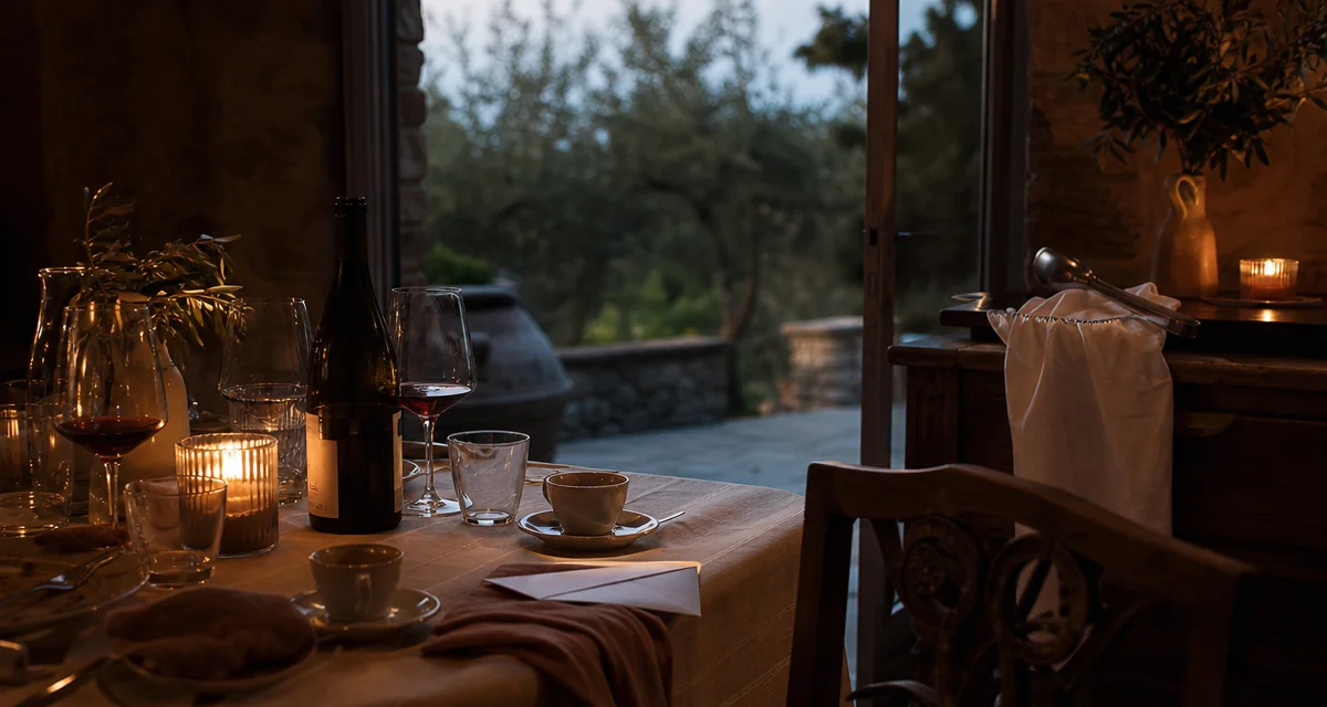 Late-evening villa table with candles and a folded cash envelope after a private chef dinner in Italy