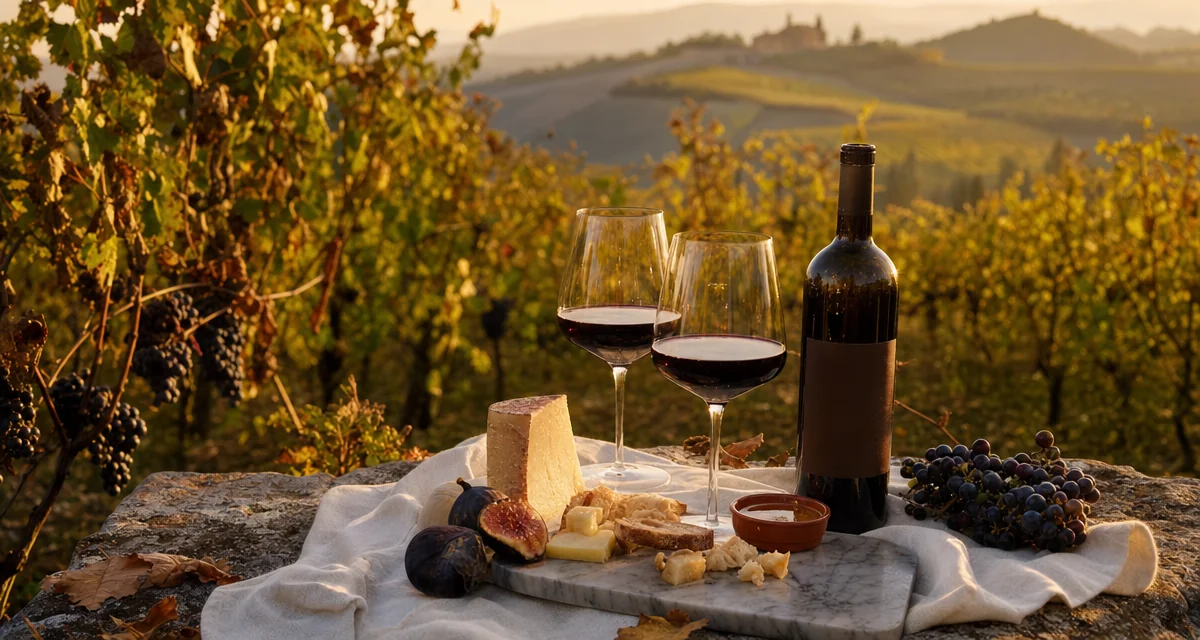 Chianti vineyard stone table at golden hour with Brunello glasses and pecorino — tuscany food and wine tour