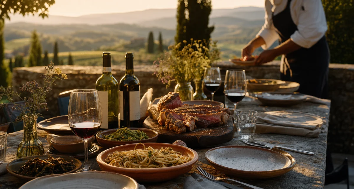 Tuscan villa terrace table at golden hour with bistecca, Brunello di Montalcino and private chef, Chianti hills