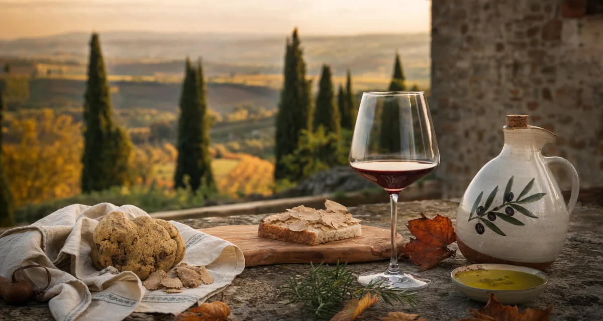 White truffle and Brunello di Montalcino on a Tuscan farmhouse terrace table at golden hour