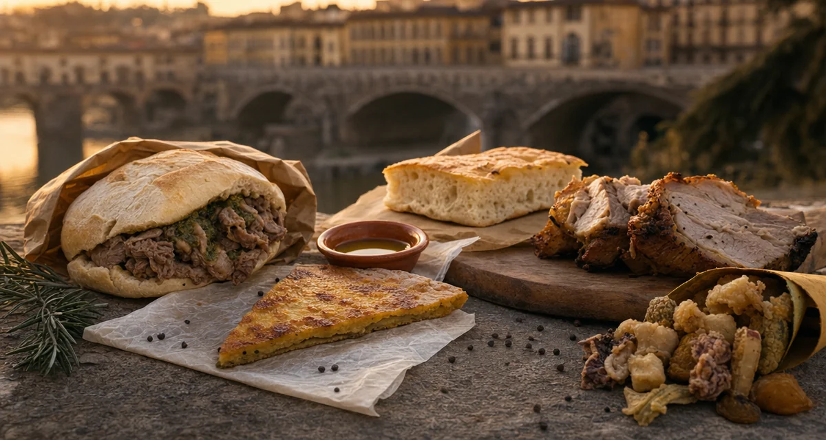 Rustic stone table with lampredotto sandwich, cecina, schiacciata and porchetta at a Tuscany market, golden hour