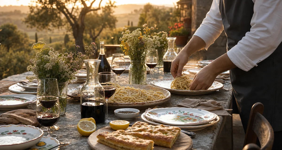 Tuscan villa terrace dining table set for eight at golden hour with chef plating pici cacio e pepe