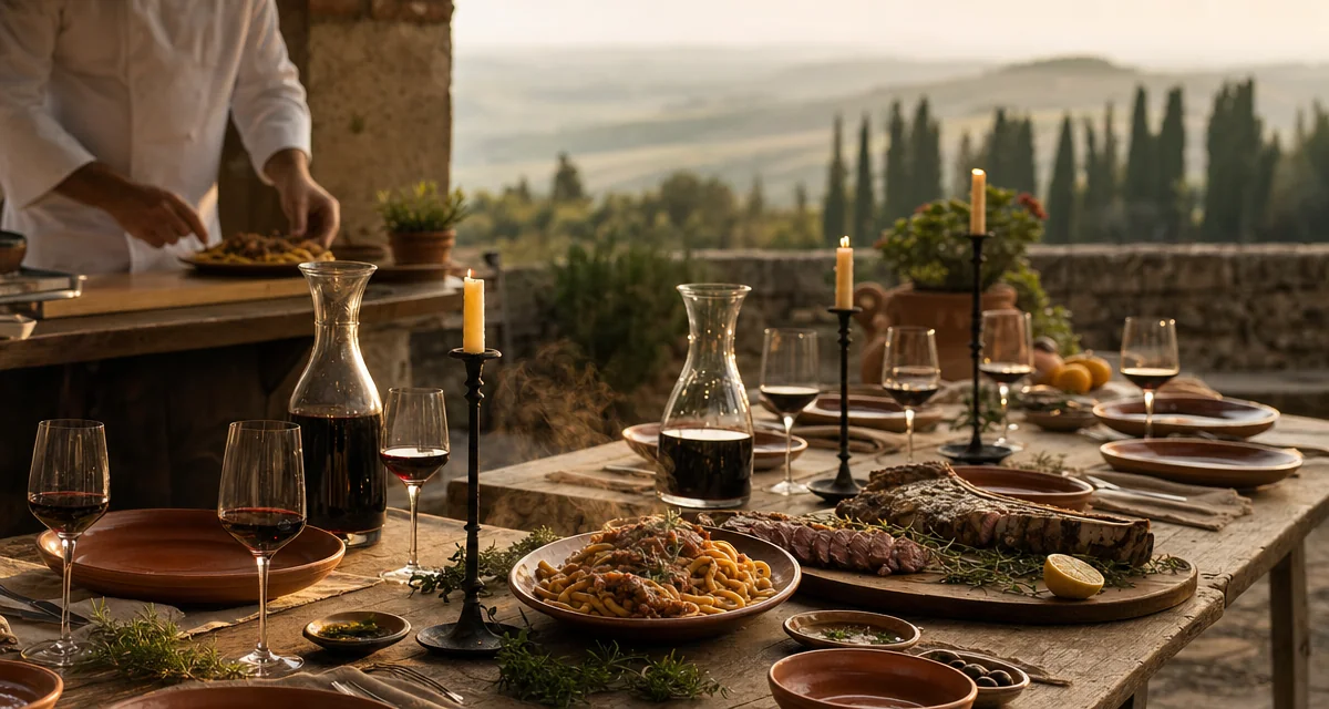 Stone terrace dinner table at Chianti villa, golden hour — pici, bistecca and Chianti Classico glasses with private chef