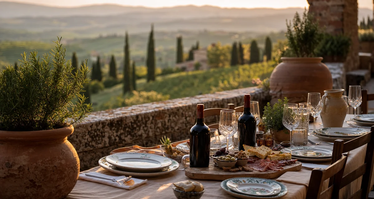 Tuscan villa terrace rehearsal dinner at golden hour — antipasto board, Chianti Classico and cypress hills backdrop