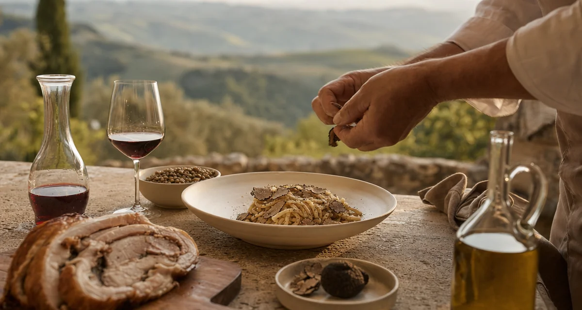 Umbrian casale terrace table with strangozzi al tartufo and Sagrantino di Montefalco at golden hour