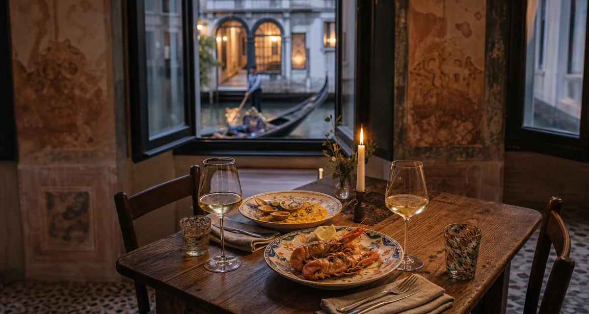 Candlelit table for two in a Venice palazzo apartment with lagoon scampi risotto and a canal view at dusk