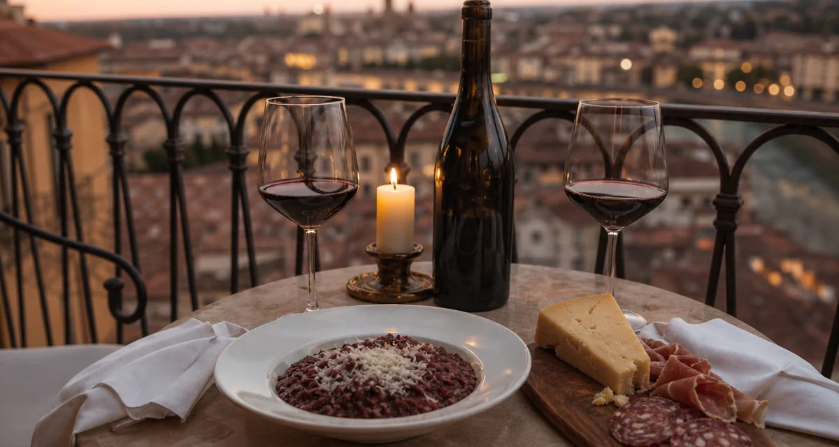 Verona anniversary dinner table with risotto all'Amarone and Amarone della Valpolicella wine at dusk
