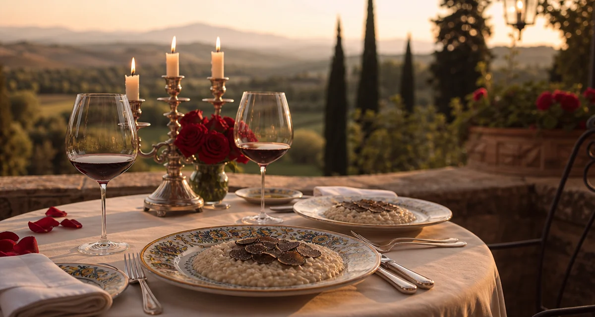 Candlelit table for two on a Tuscan villa terrace at sunset with Brunello di Montalcino and anniversary dinner