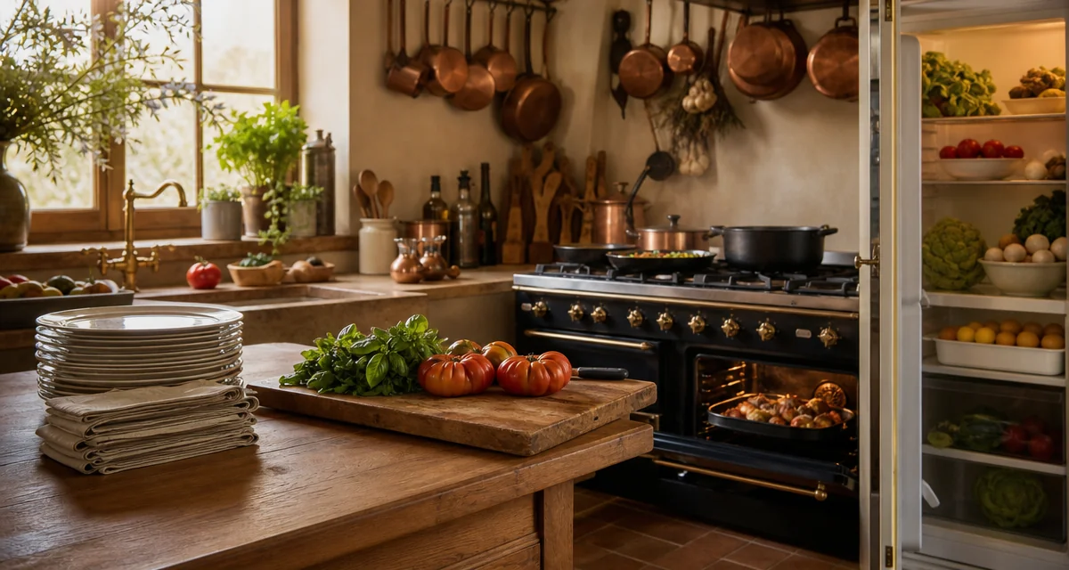 Rustic Tuscan farmhouse kitchen with clear worktop, gas hob, oven and plates ready for a private chef