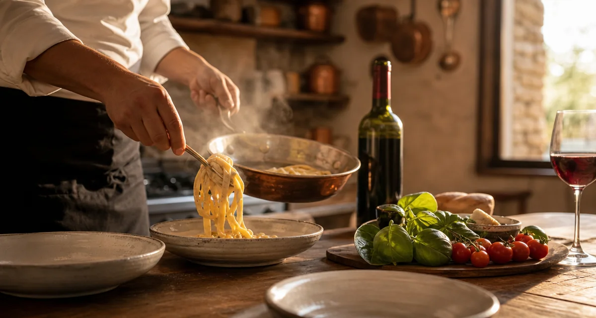 Chef plating fresh pasta at a Tuscan farmhouse kitchen table during a private chef dinner service