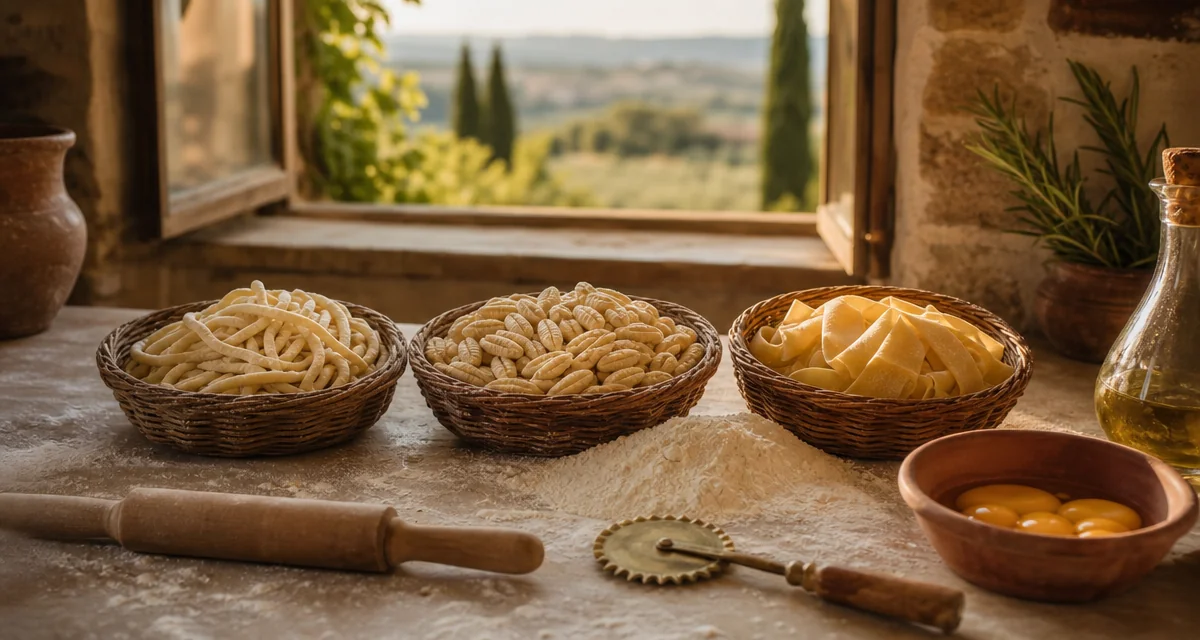 Three Italian pasta shapes pici cavatelli pappardelle displayed in wicker baskets on Tuscan farmhouse kitchen counter with fl