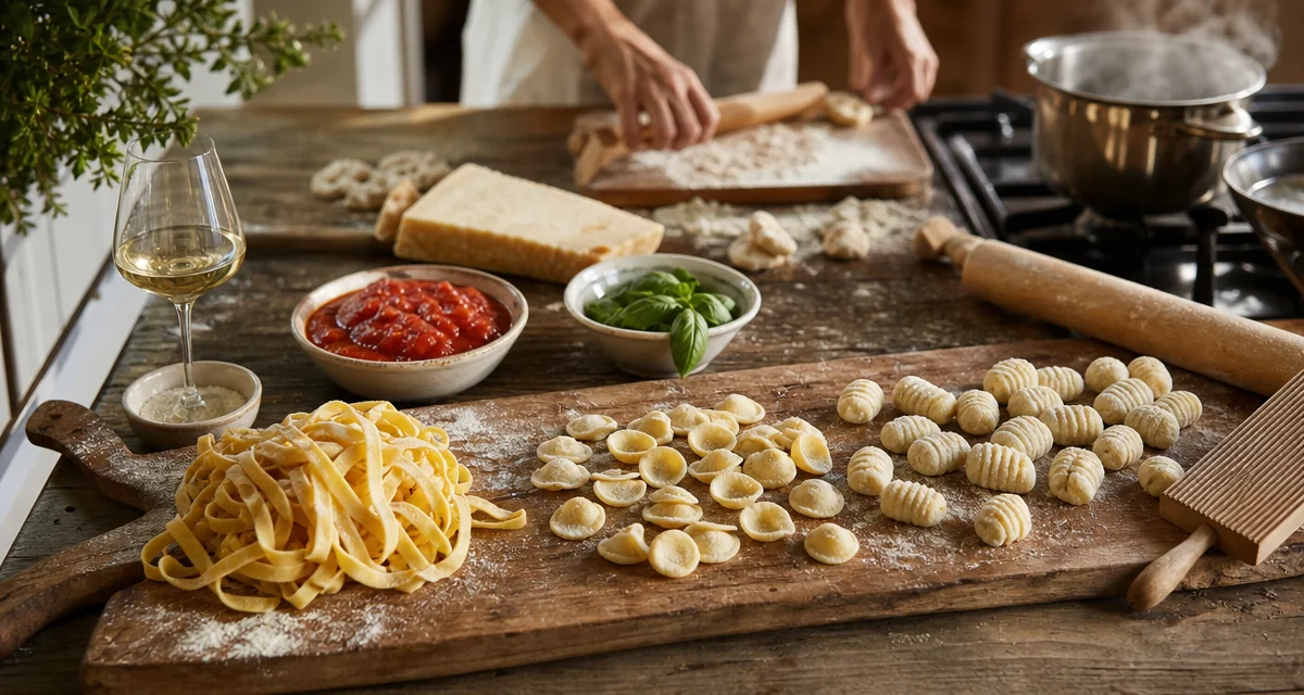 Top-down view of Italian regional pasta shapes arranged on rustic wooden table for cooking class itinerary, tagliatelle orecc
