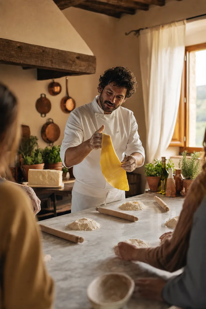 Tuscan instructor demonstrating the proper way to hold a fresh pasta sheet during a hands-on pasta making class with four guests in a Florence villa kitchen