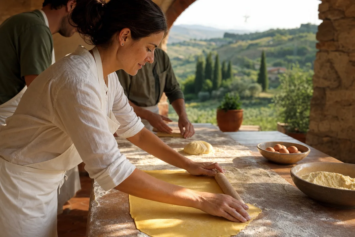 Female Tuscan instructor rolling fresh egg pasta with a wooden mattarello during a private pasta making workshop on a villa patio in Tuscany
