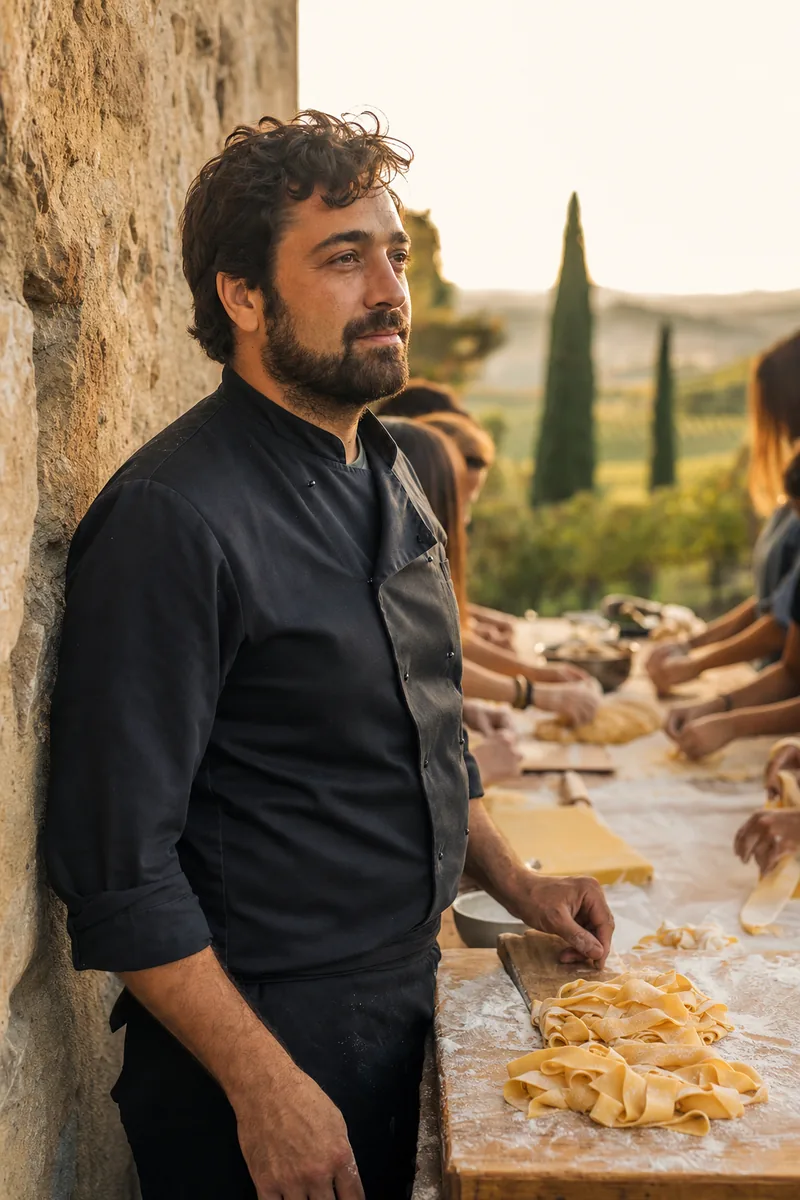 Bearded Tuscan pasta-making instructor at a vineyard villa patio with workshop participants working their dough stations in the background, Tuscany