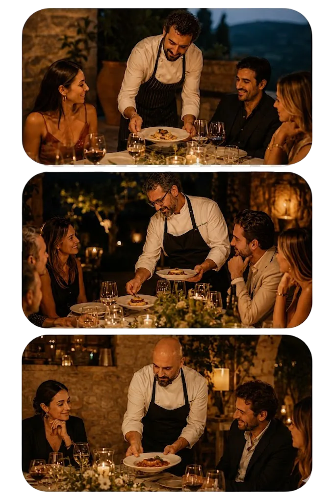 Tuscan chef serving the dinner produced during a pasta making class workshop on a villa patio at night in Florence — three moments after the workshop