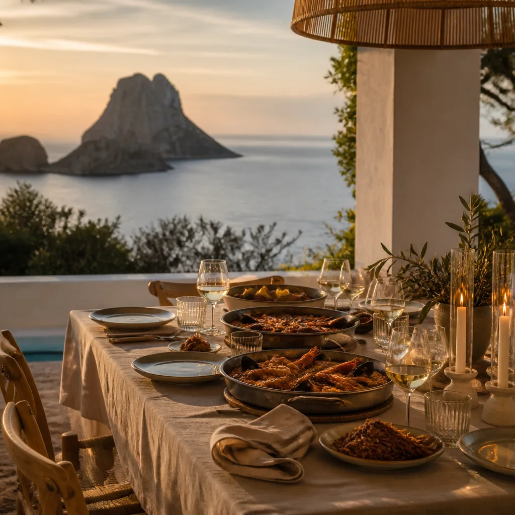 Sunset dinner on Ibiza villa terrace facing Es Vedrà