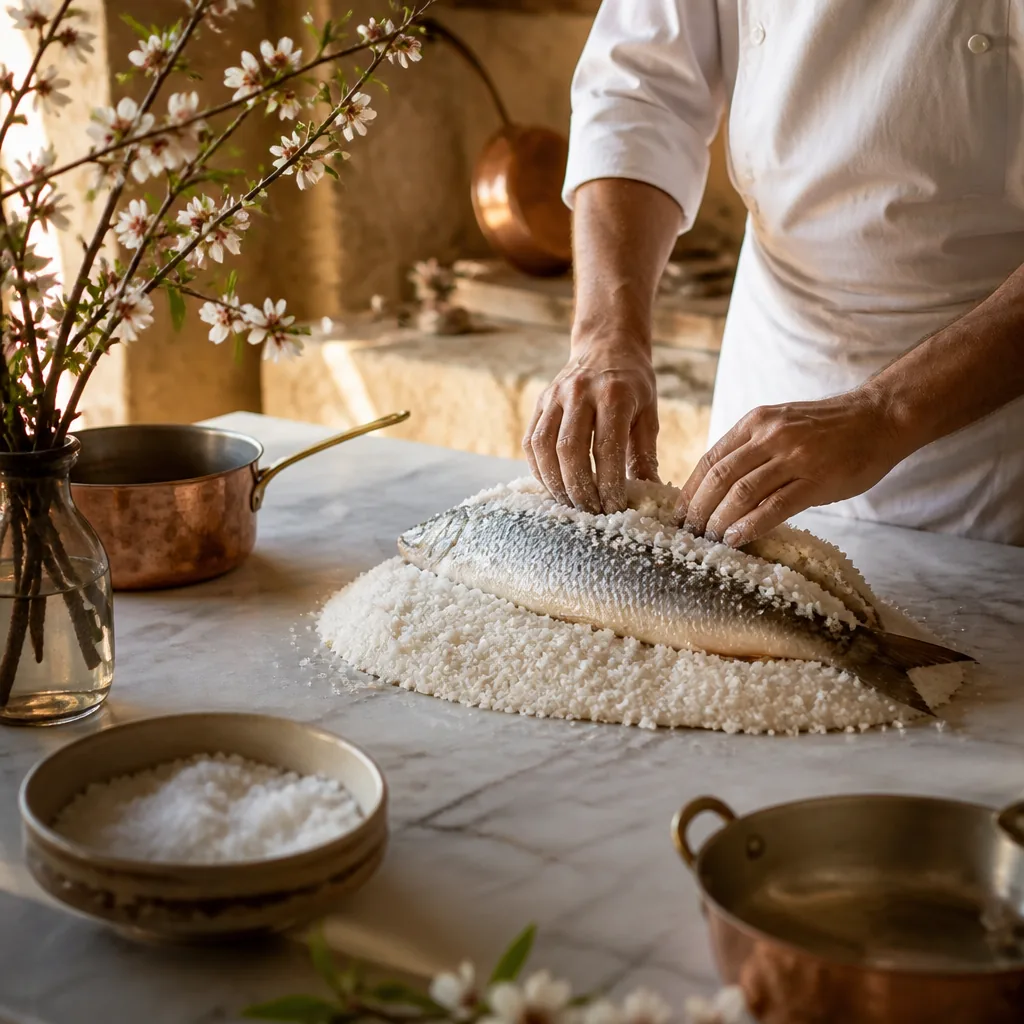 Mallorquí chef preparing whole sea bass with Es Trenc salt