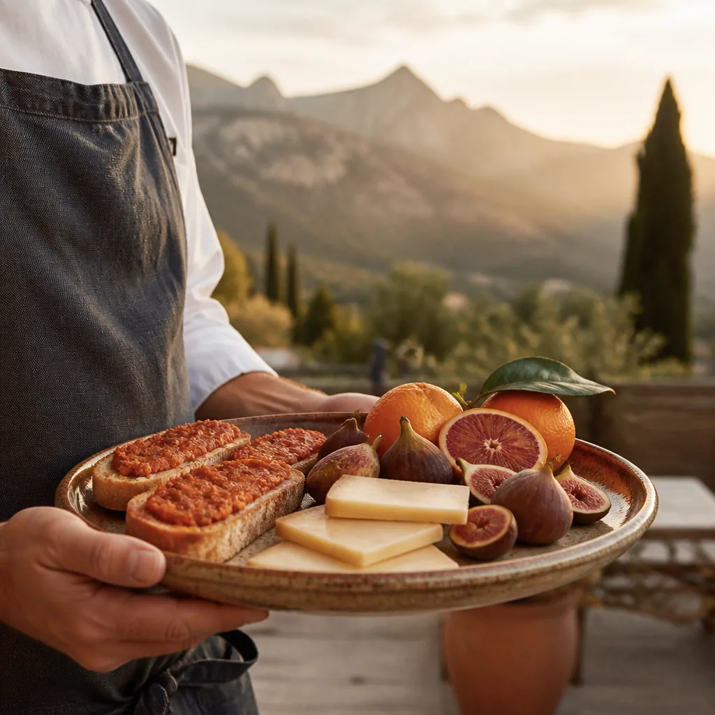 Mallorquí chef holding tray of pa amb oli with sobrasada and Mahón cheese