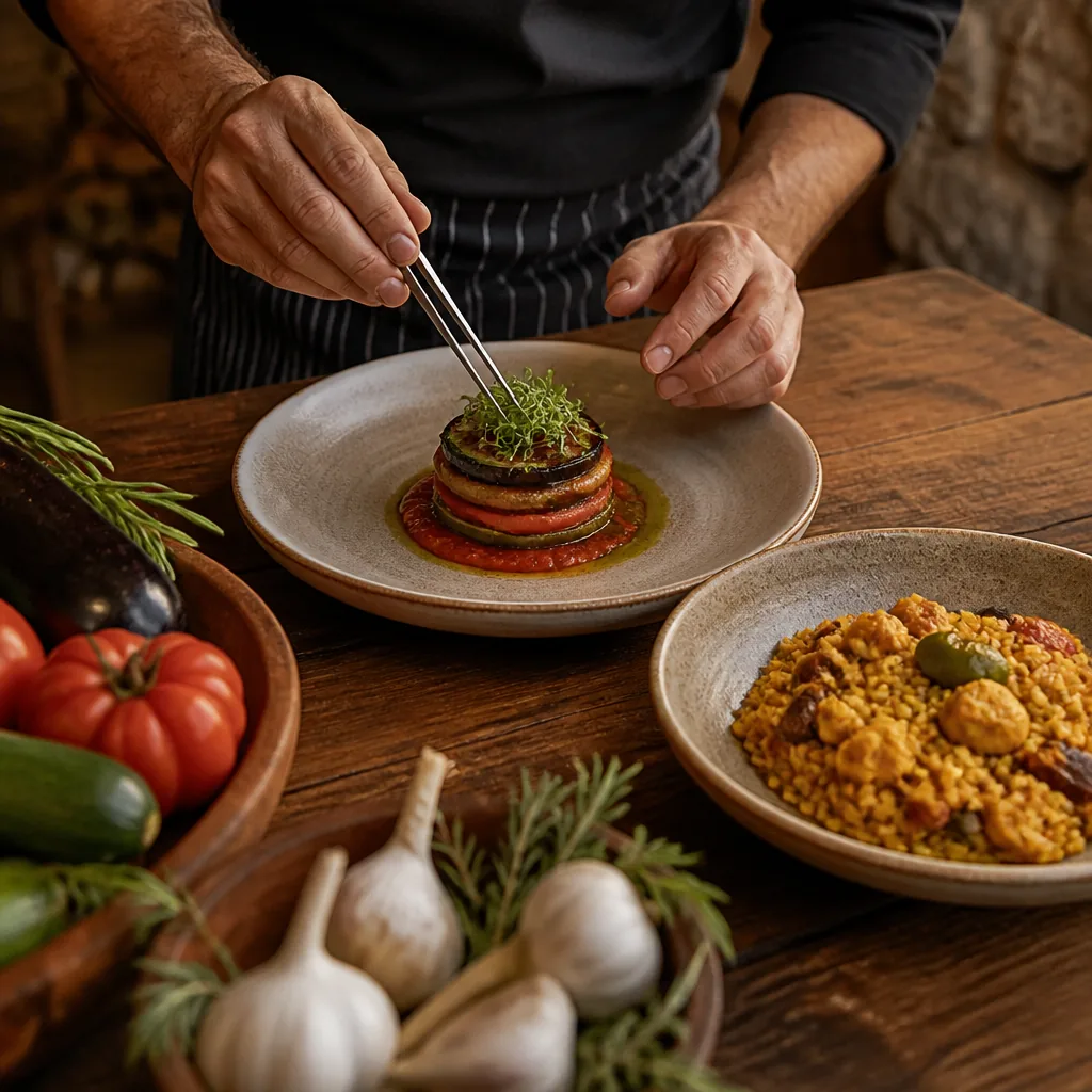 Mallorquí chef plating tumbet and arròs brut