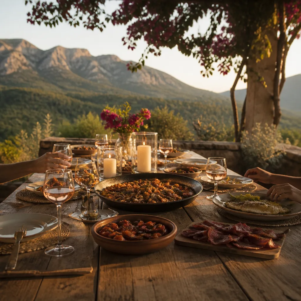 Finca dinner under bougainvillea facing Serra de Tramuntana