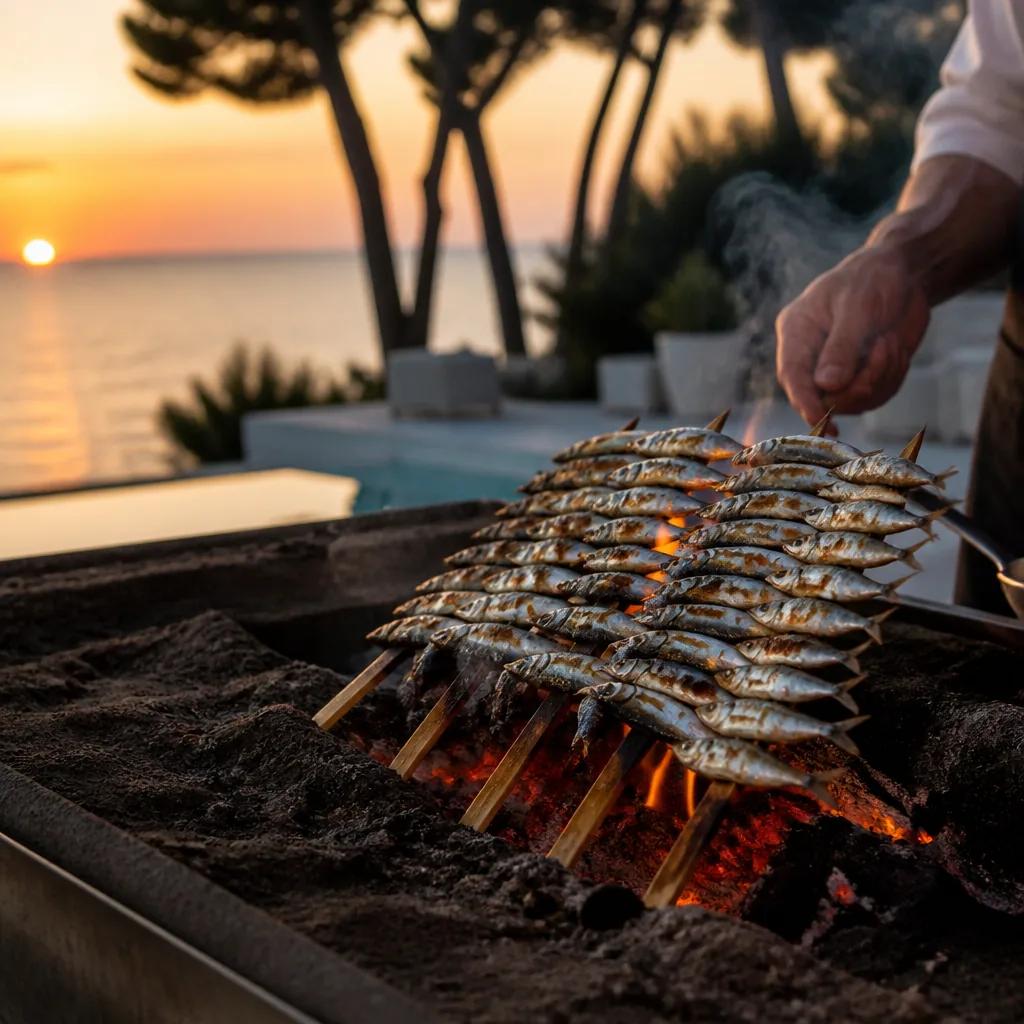 Andalusian chef grilling espetos on Marbella pool deck