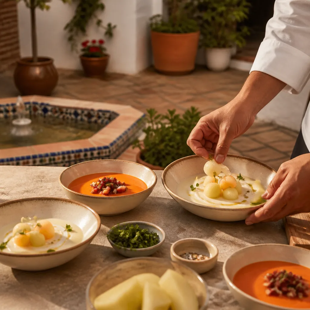 Andalusian chef plating ajoblanco and salmorejo