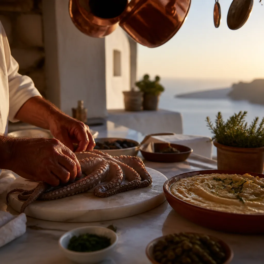 Greek chef preparing fresh octopus and Santorini fava