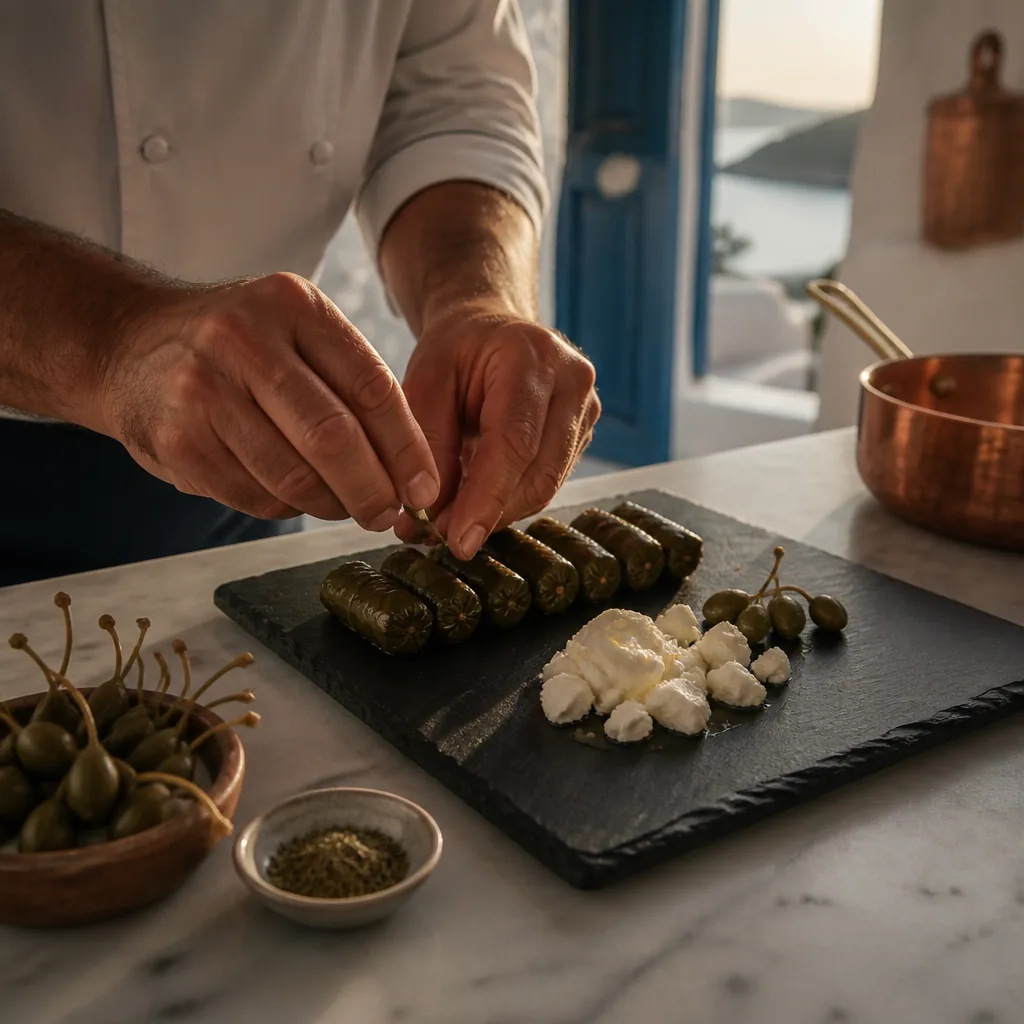 Greek chef plating Cycladic mezé