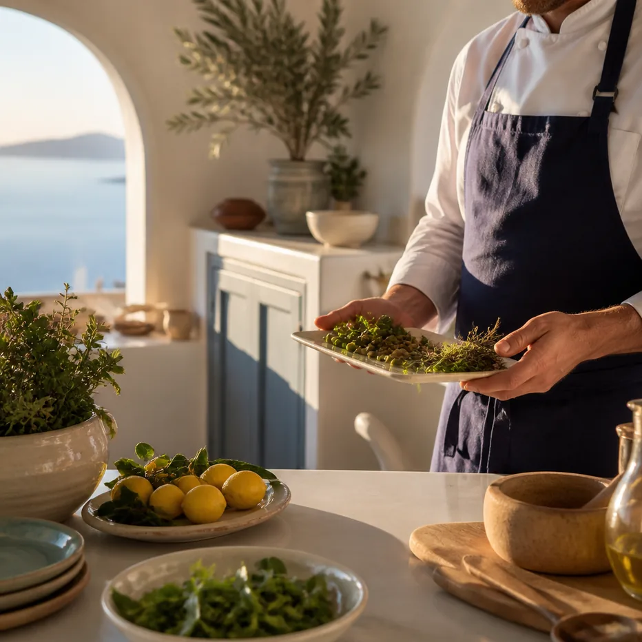 Greek private chef in Mykonos villa kitchen