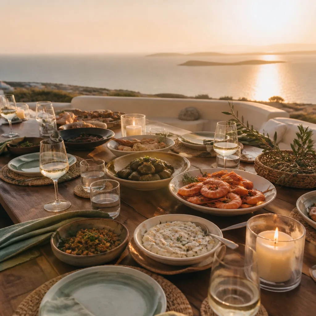 Greek dinner on Mykonos villa terrace