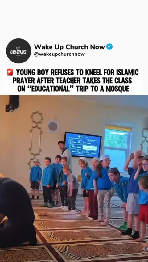 Instagram Reel by @wakeupchurchnow, published May 26, 2026. ? “A young Scottish boy is going viral after refusing to kneel during a prayer demonstration inside…
