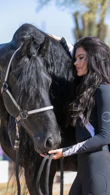Instagram Reel by @itsmacyjames, published May 4, 2026. Training days ? #friesianstallion #dressage #dreamhorse #friesian