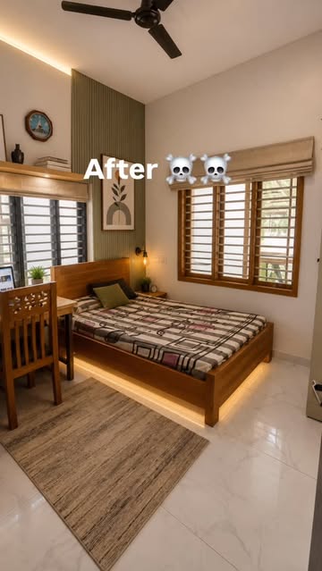 Instagram Reel by @promptking_ai, published May 23, 2026. Ultra modern small bedroom interior design, cozy and premium look, warm wooden bed frame with floatin…