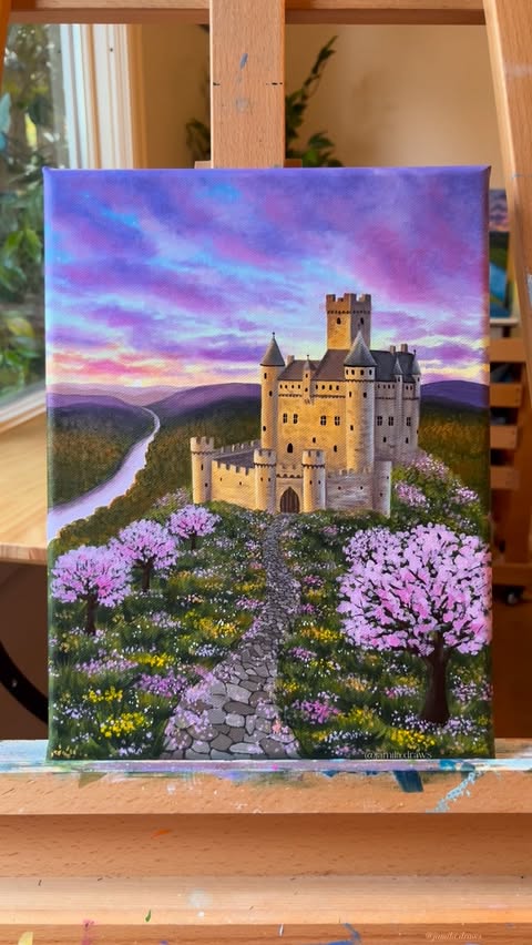 Instagram Reel by @jamila.draws, published May 20, 2026. Painting a hilltop castle in acrylics ?✨ Hope you like it! This painting is now available on my websit…