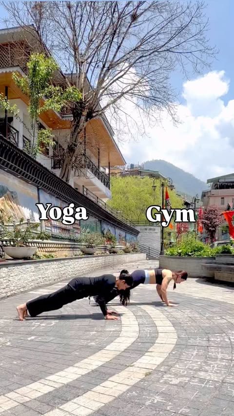 Instagram Reel by @indiyoginihema, published May 1, 2026. Yogic push-ups vs Gym push-ups Which one is stronger? Gym builds muscles ?? Yoga builds control ? . .…