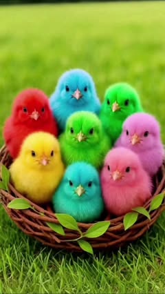 Instagram Reel by @tonny__asmr, published Apr 13, 2026. Ultra-realistic 3D Pixar style scene shows a colorful chicks, cats and dogs. Watch adorable rainbow chi…