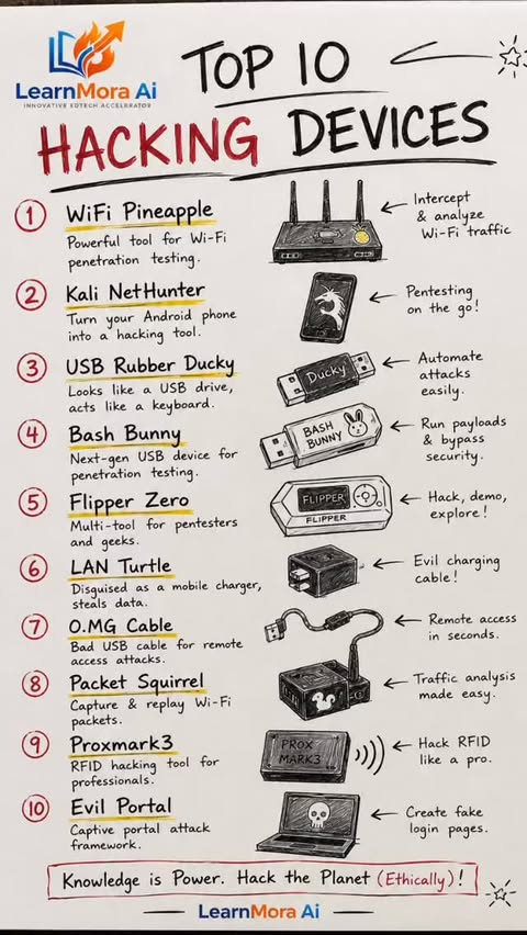 Instagram Reel by @learnmora_ai, published May 17, 2026. Top 10 hacking devices every tech student should know about ?? #LearnMoraAI #CyberSecurity #TechShorts…