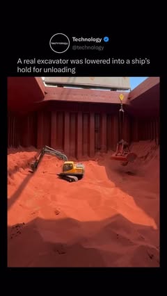 Instagram Reel by @technology, published May 26, 2026. A full-size excavator was lowered into the cargo hold to help unload loose bulk material from inside the…